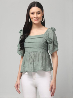clobug Casual Self Design Women Green Top