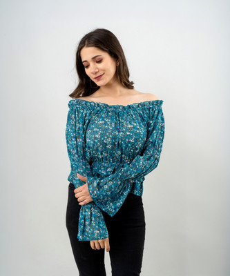 PRETTY LOVING THING Casual Full Sleeve Printed Women Blue Top