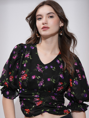 Tokyo Talkies Casual Floral Print Women Black Top