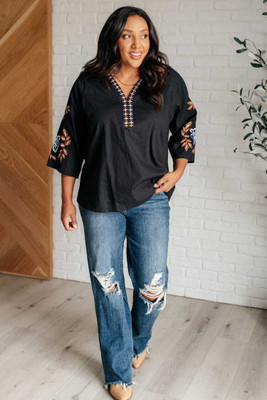 ECOHAD Casual Embroidered Women Black Top
