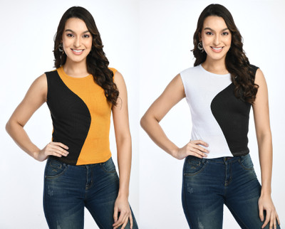 GLADLY Casual Color Block Women Yellow, White, Black Top