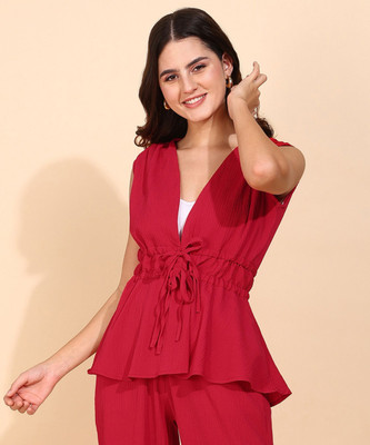 FashFun Formal 3/4 Sleeve Solid Women Red Top