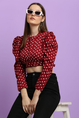 CLOTHINK India Casual Polka Print Women Maroon, White Top