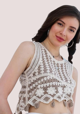 Laxmi Empire Casual Self Design Women White, Brown Top