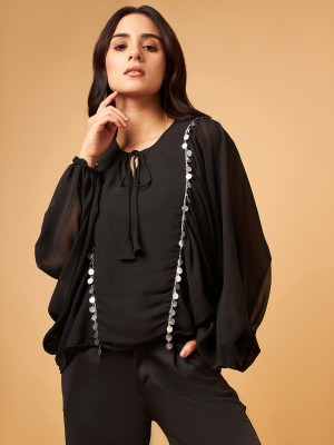 DRAPE AND DAZZLE Casual Embellished, Self Design Women Black Top