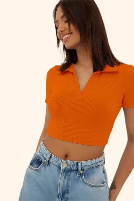 AOOSH Casual Solid Women Orange Top