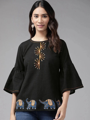 AKIKO Casual Embroidered Women Black Top