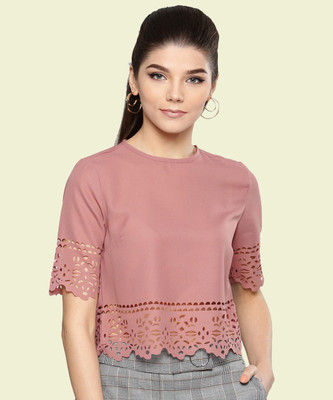 HARPA Casual Regular Sleeve Self Design Women Pink Top