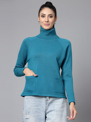 Mafadeny Solid High Neck Casual Women Blue Sweater