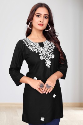 Ann Springs Casual Embroidered Women Black Top