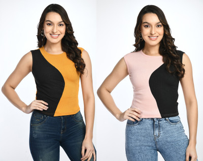 GLADLY Casual Color Block Women Yellow, Pink Top