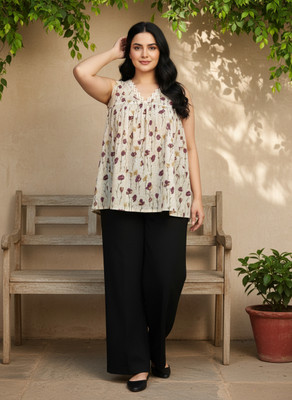 TAYARA Casual Floral Print Women Beige Top