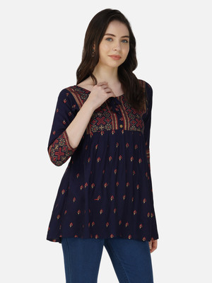 Polyglot Casual Printed Women Dark Blue, Maroon, Gold Top