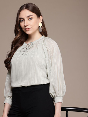 French Connection Casual Self Design Women Grey Top