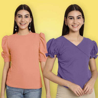 METRONAUT Casual Solid, Color Block Women Orange, Dark Blue Top