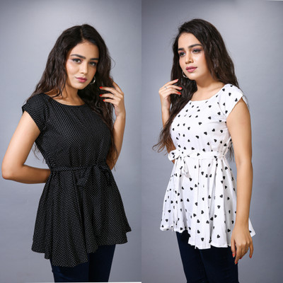 DMT Ethnic Party Printed Women White, Black Top