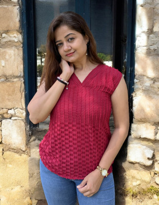 bhanderi fashion Casual Self Design Women Maroon Top