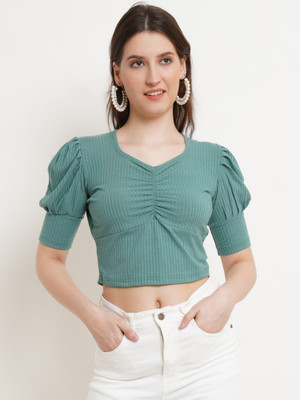 POPWINGS Casual Solid Women Green Top