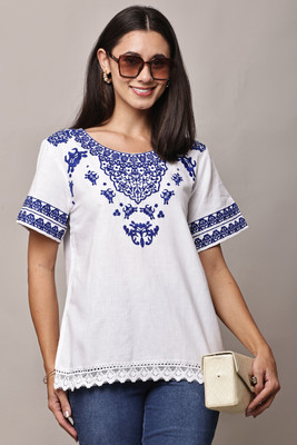 Mallory Winston Casual Embroidered Women White Top