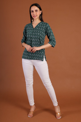 Floro Casual Printed, Ethnic Motifs Women Dark Green Top