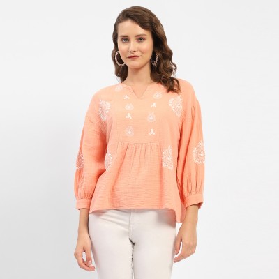 MADAME Casual Embroidered Women Orange Top