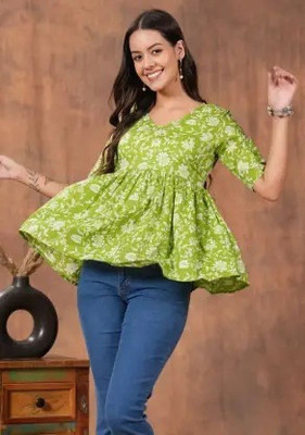ARZOO Casual Floral Print Women Green Top