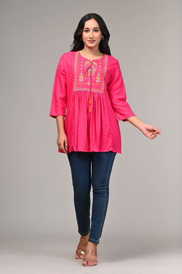 khwaishein Casual Embroidered Women Pink Top