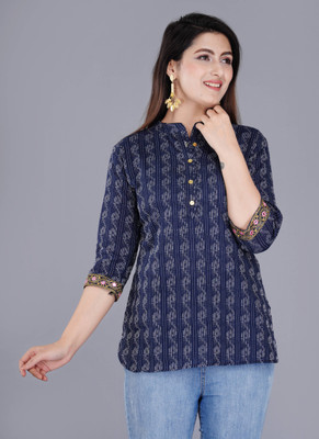 AK FUSION Casual Printed Women Blue, White Top