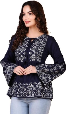 Fariha Fashions Casual Printed Women White, Blue Top