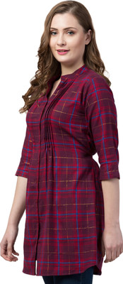 Hive91 Casual 3/4 Sleeve Checkered Women Maroon Top