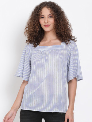 OXOLLOXO Casual Half Sleeve Striped Women Blue Top