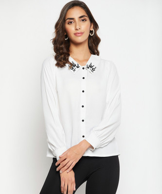 WineRed Casual Floral Print Women White Top