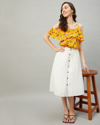 Chimpaaanzee Casual Cold Shoulder Printed Women Yellow Top