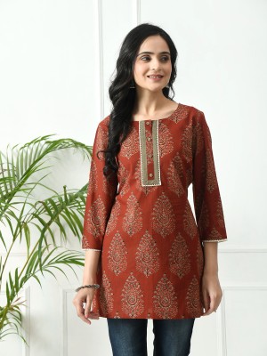 Meesan Casual Embroidered Women Brown Top