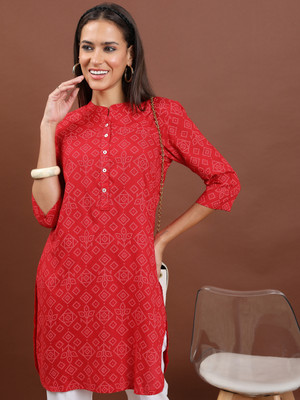 Vishudh Women Printed Straight Kurta(Red, White)