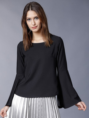 Tokyo Talkies Casual Bell Sleeve Solid Women Black Top