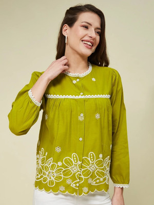 J TURRITOPSIS Casual Embroidered Women Green Top