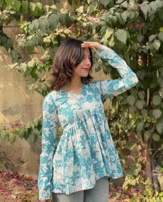 Kurties Haunt Casual Printed Women Light Blue, White Top