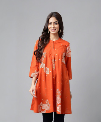 Janasya Casual Floral Print Women Orange Top