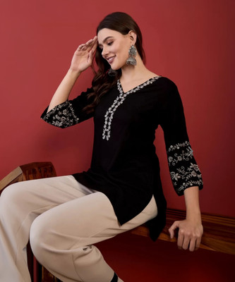 KALRAV JAYPORE Casual Solid, Floral Print Women Black Top
