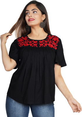 GURMEET FASHION Casual Half Sleeve Embroidered Women Black Top