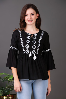 HouseOfCommon Casual Printed Women Black Top