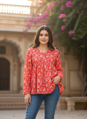 Desi Beats Casual Floral Print Women Red Top