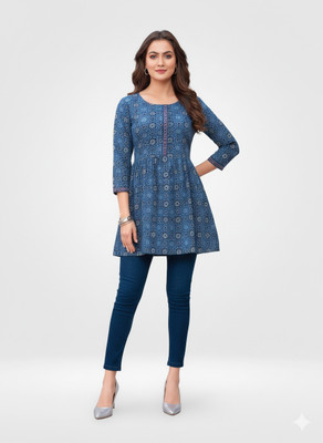HD DESIGN Casual Geometric Print Women Blue Top