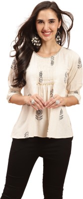 VihaanExim Party Printed Women Beige, Black Top