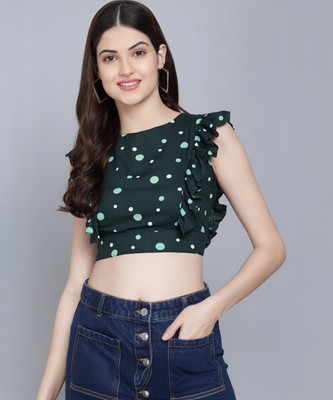 FLAMBOYANT Party Polka Print Women Dark Green Top