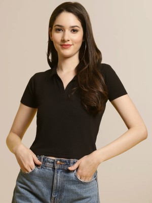 ANNSPRING Casual Solid Women Black Top