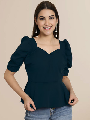 Mast & Harbour Casual Solid Women Blue Top