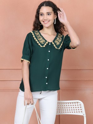 Indian Needle Casual Embroidered Women Green Top