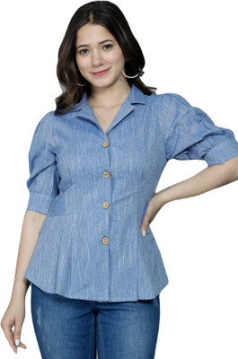 URT Casual Solid Women Light Blue Top